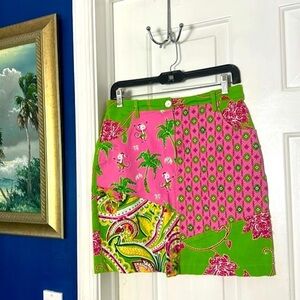 Women’s Vanity Petites Pink and Green Patchwork Style Preppy Cotton Blend Skirt